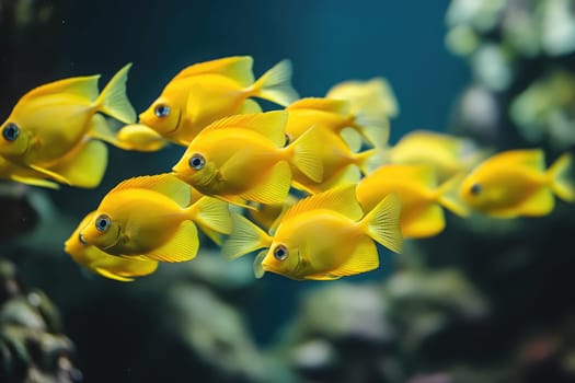 School of bright yellow tang fish swimming from left to right