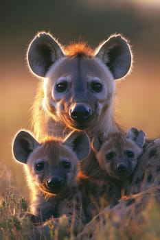 Hyena mother is watching us with her two cubs lying down in the african savanna at sunset