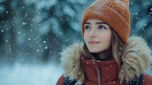 Young woman is enjoying a snowy day in the forest, wearing a warm hat and coat