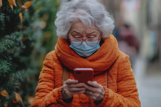 Elderly woman is wearing a protective face mask while using her smartphone in a city setting