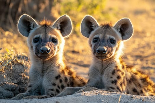 Two spotted hyena cubs are lying by their den at sunset in the african savanna