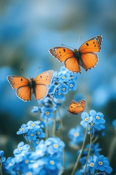Three orange butterflies are flying around blue myosotis flowers in a peaceful nature scene