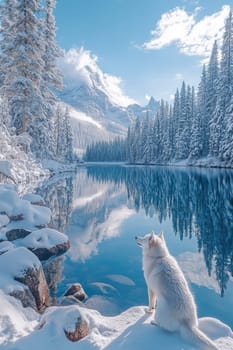 Beautiful white dog sitting on the snowy shore of a lake in the mountains, admiring the landscape on a sunny winter day