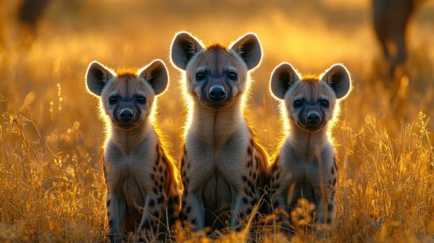Three spotted hyena cubs are sitting in golden light at sunset