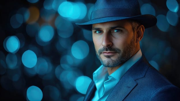 Businessman is posing in a dark room with blue bokeh lights in the background