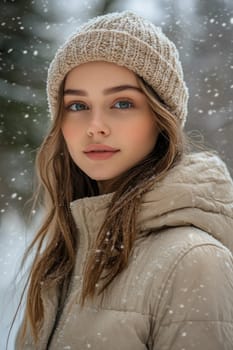 Beautiful young woman is enjoying a snowy day in the forest, wearing warm winter clothes
