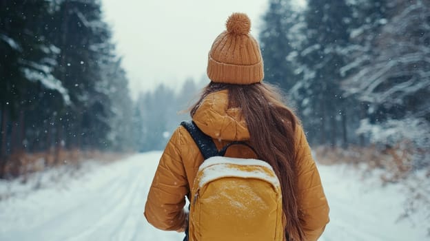 Woman wearing a yellow backpack and beanie is taking a hike on a snowy forest road