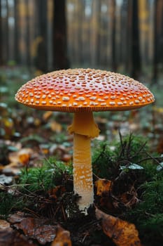 Bright red and white mushroom with distinctive white spots is growing on the forest floor