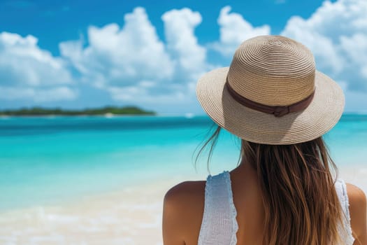 Woman is admiring the ocean and a tropical island while standing on a white sand beach