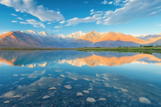 Calm lake reflecting the snow capped peaks of a mountain range at sunset