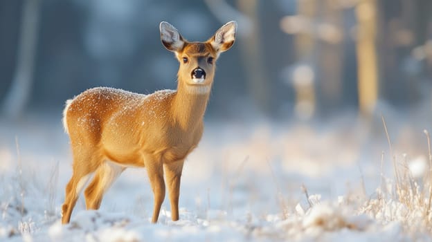 Young white-tailed deer is standing in the snow in a field, with a forest in the background