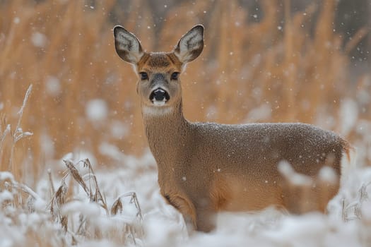 Beautiful white-tailed deer is standing in a snow covered field with snowflakes falling