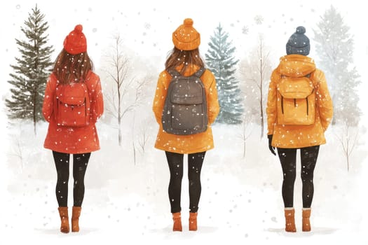 Three hikers standing on a snowy path wearing winter clothes with backpacks enjoying a snowy landscape