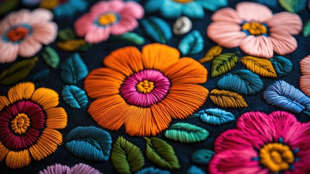 Vibrant floral embroidery on blue fabric is a perfect example of a traditional craft being kept alive
