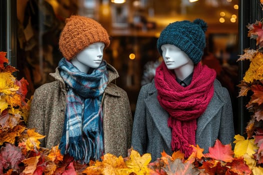 Two mannequins are modeling warm winter clothing in a storefront window decorated for autumn