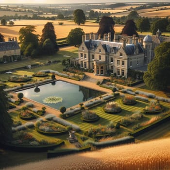 Aerial view of a large estate with a formal garden, a reflecting pool, and a grand manor house. High quality AI-generated photo.