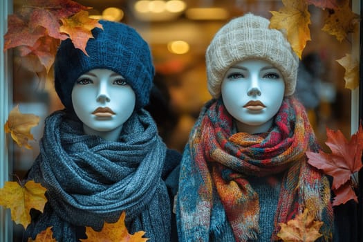 Two mannequins are wearing hats and scarves in front of a window decorated with colorful autumn leaves