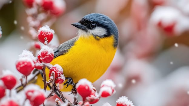 Beautiful yellow bird is sitting on a branch of a mountain ash with red berries covered with the first snow