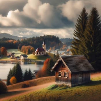 A wooden cabin in a pastoral setting with a lake, church, and autumn foliage visible. High quality AI-generated photo.
