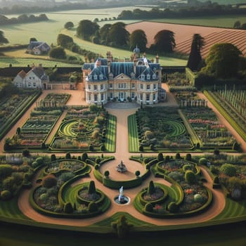 Aerial view of a grand estate with manicured gardens, a reflecting pool, and a large manor house. High quality AI-generated photo.