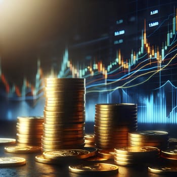 Stack of gold coins with a stock market graph in the background. High quality AI-generated photo.