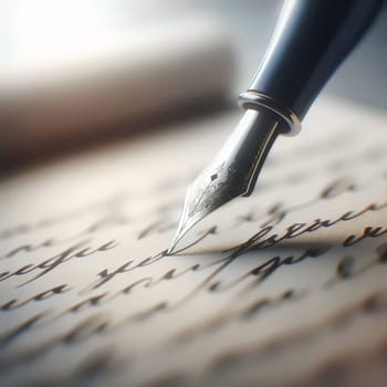Close-up shot of a fountain pen writing on vintage paper. High quality AI-generated photo.