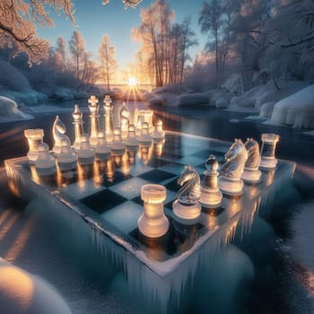 Photograph of a chessboard made of ice with chess pieces on a frozen lake at sunrise. High quality AI-generated photo.