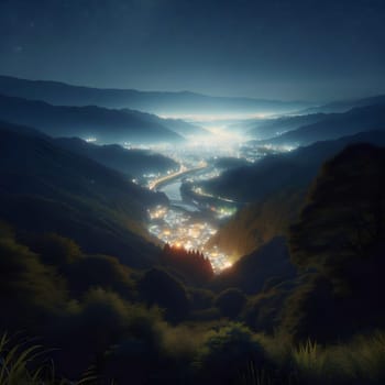 Night scene of a valley lit up by houses and a winding road. High quality AI-generated photo.
