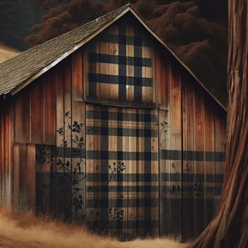 A rustic wooden barn with a black and white plaid pattern painted on the doors and sides, with floral stenciling. High quality AI-generated photo.