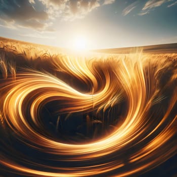 Abstract image of swirling wheat in a field at sunset. High quality AI-generated photo.