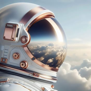 Close-up of an astronaut helmet with clouds reflected in the visor. High quality AI-generated photo.