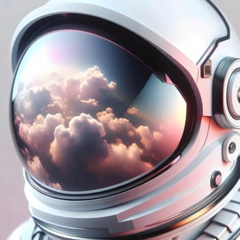 Close-up of an astronaut helmet with clouds reflected in the visor. High quality AI-generated photo.