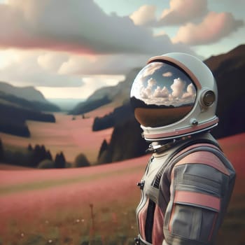 An astronaut in a pink and gray spacesuit stands in a field of red plants, looking out at a mountain valley. High quality AI-generated photo.