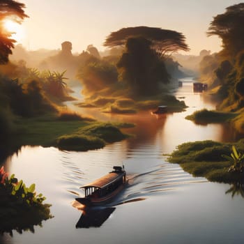 A long boat travels down a river surrounded by lush green vegetation and trees during sunrise. High quality AI-generated photo.