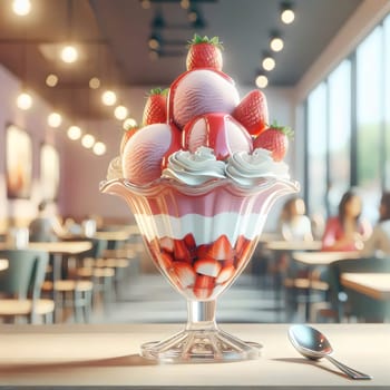 A delicious-looking strawberry sundae in a glass dessert bowl, with whipped cream and strawberry sauce. High quality AI-generated photo.