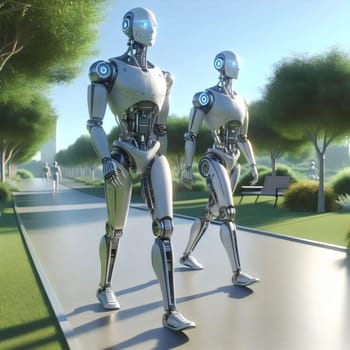 Two humanoid robots walk in a park, with people and trees in the background. High quality AI-generated photo.