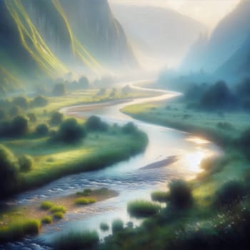 Digital painting of a meandering river flowing through a green valley. High quality AI-generated photo.