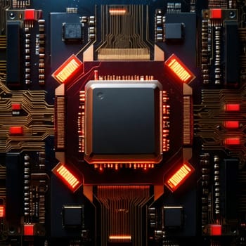 Close-up view of a computer processor with glowing red lights. High quality AI-generated photo.