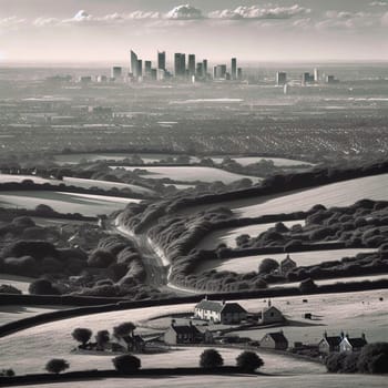 Black and white aerial shot of a rural area with a modern cityscape in the distance. High quality AI-generated photo.