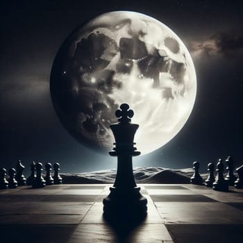 A chessboard scene set on a desolate, moonlit landscape, with a large moon in the background. High quality AI-generated photo.