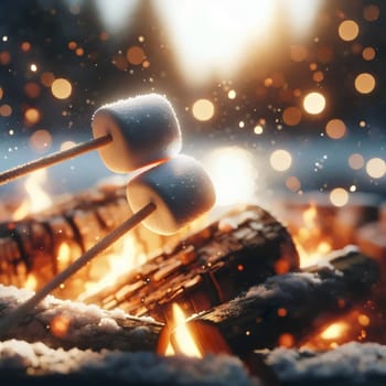 Two marshmallows roasting on sticks over a campfire in the snow. High quality AI-generated photo.