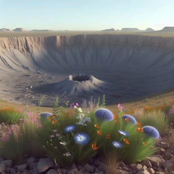 A digital rendering of a large impact crater with diverse wildflowers blooming on the surrounding rim. High quality AI-generated photo.