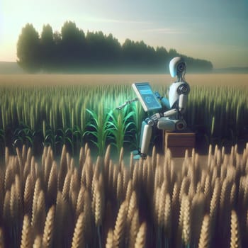 A robot sits in a wheat field, using a tablet to monitor crop growth. High quality AI-generated photo.