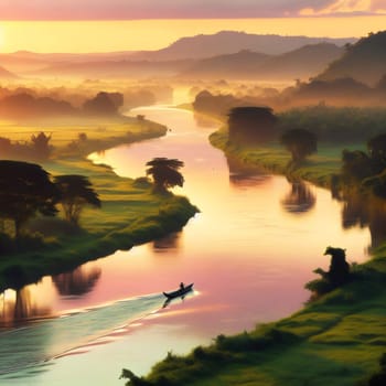 A long, winding river at sunrise, with a small boat on the water and lush green vegetation along the banks. High quality AI-generated photo.