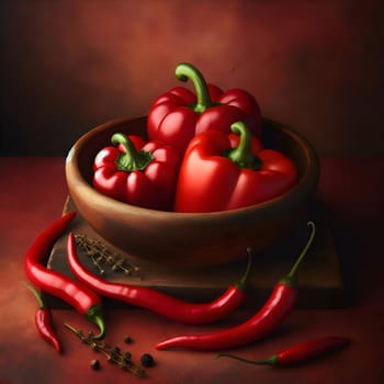 Still life photograph of red bell peppers and chili peppers in a wooden bowl. High quality AI-generated photo.