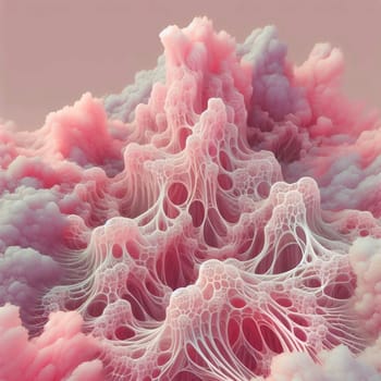 Abstract fractal art showing a pink and white organic structure resembling a mountain range or coral reef. High quality AI-generated photo.