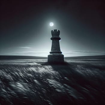 A large stone chess rook stands alone in a field under the moonlight. High quality AI-generated photo.
