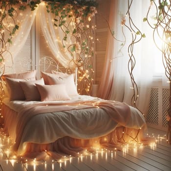 A bedroom interior decorated in soft peach and beige tones, with fairy lights draped over a bed with a canopy. High quality AI-generated photo.