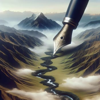 A stylized image of a fountain pen nib positioned over a river valley, with mountains in the background. High quality AI-generated photo.