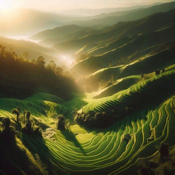 Aerial view of rice terraces carved into lush green hillsides, with sunlight streaming through the mist. High quality AI-generated photo.